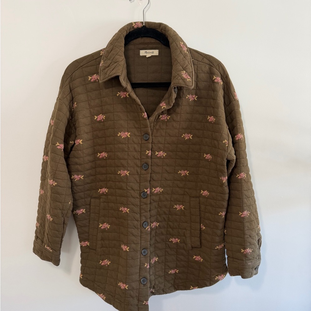 Madewell Olive Quilted Shacket with Pink Floral Details